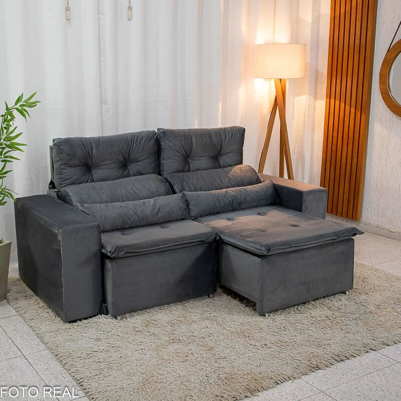Sofá Retrátil Reclinável Bia 1.95m Veludo Cinza – D28