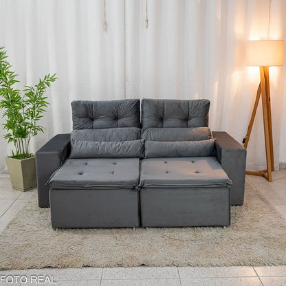 Sofá Retrátil Reclinável Bia 1.95m Veludo Cinza – D28