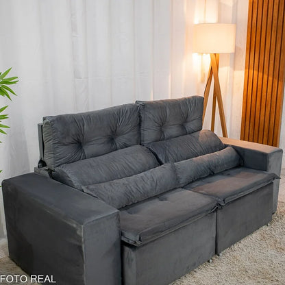 Sofá Retrátil Reclinável Bia 1.95m Veludo Cinza – D28