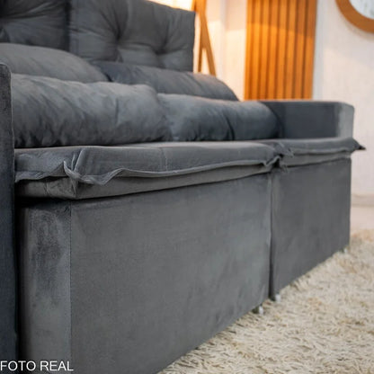 Sofá Retrátil Reclinável Bia 1.95m Veludo Cinza – D28