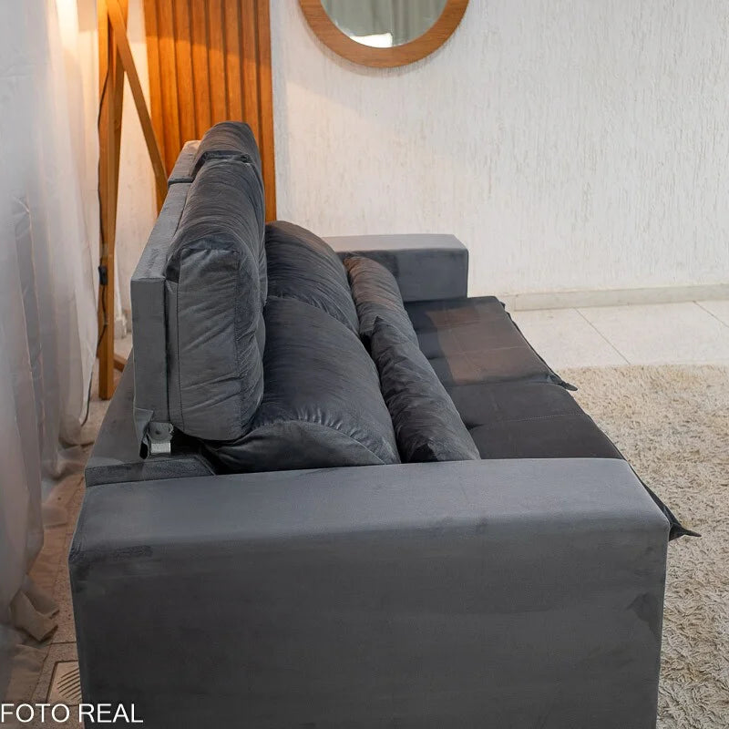 Sofá Retrátil Reclinável Bia 1.95m Veludo Cinza – D28