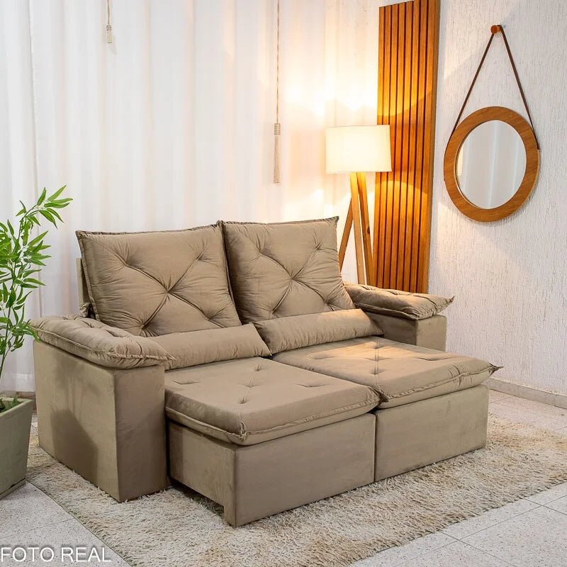 Sofá Retrátil Reclinável City 2.00m Veludo Bege – D28