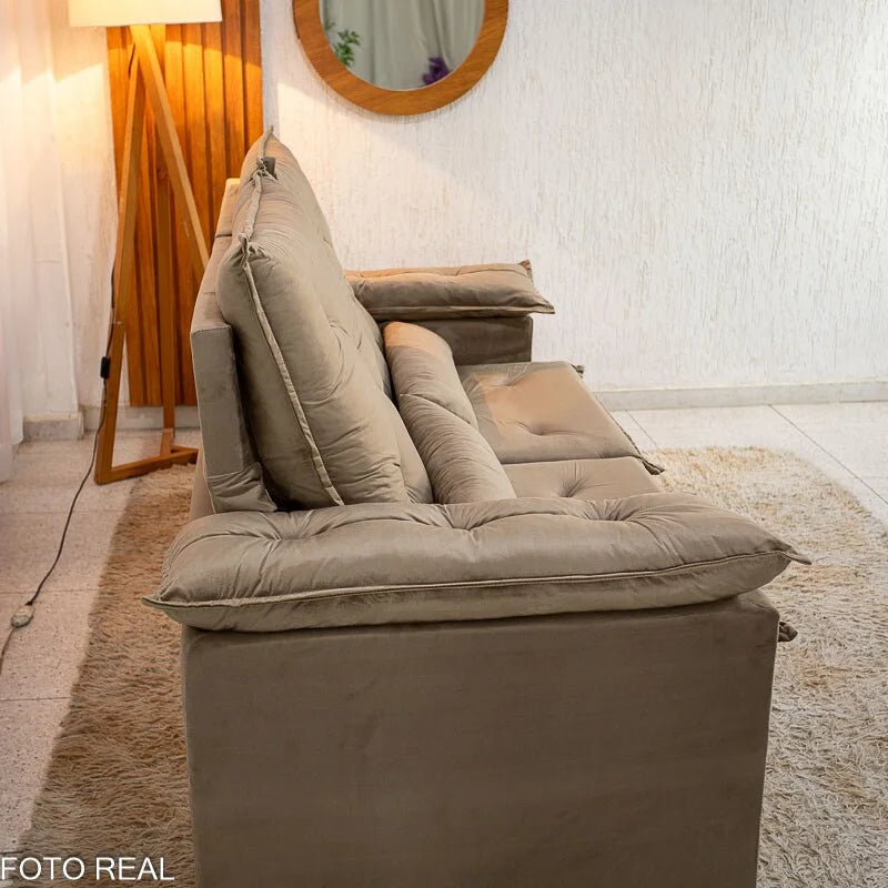 Sofá Retrátil Reclinável City 2.00m Veludo Bege – D28
