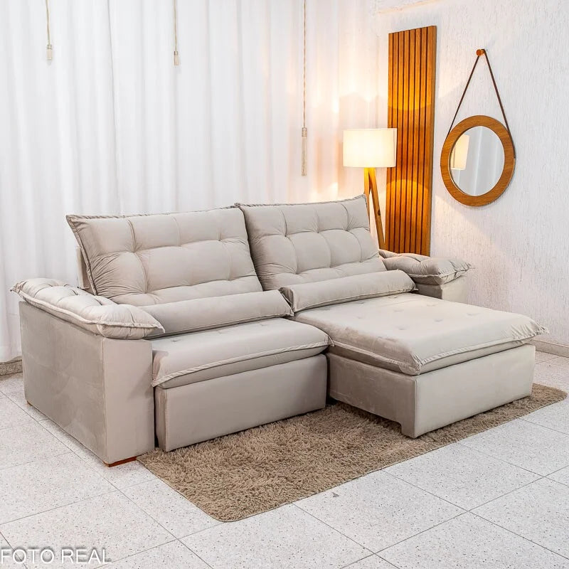 Sofá Retrátil Reclinável Emanuelly 2.50m Veludo Capuccino 02 D28 Soft