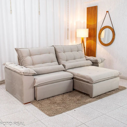Sofá Retrátil Reclinável Emanuelly 2.50m Veludo Capuccino 02 D28 Soft