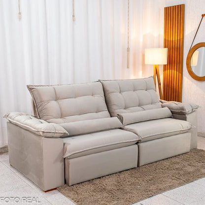 Sofá Retrátil Reclinável Emanuelly 2.50m Veludo Capuccino 02 D28 Soft
