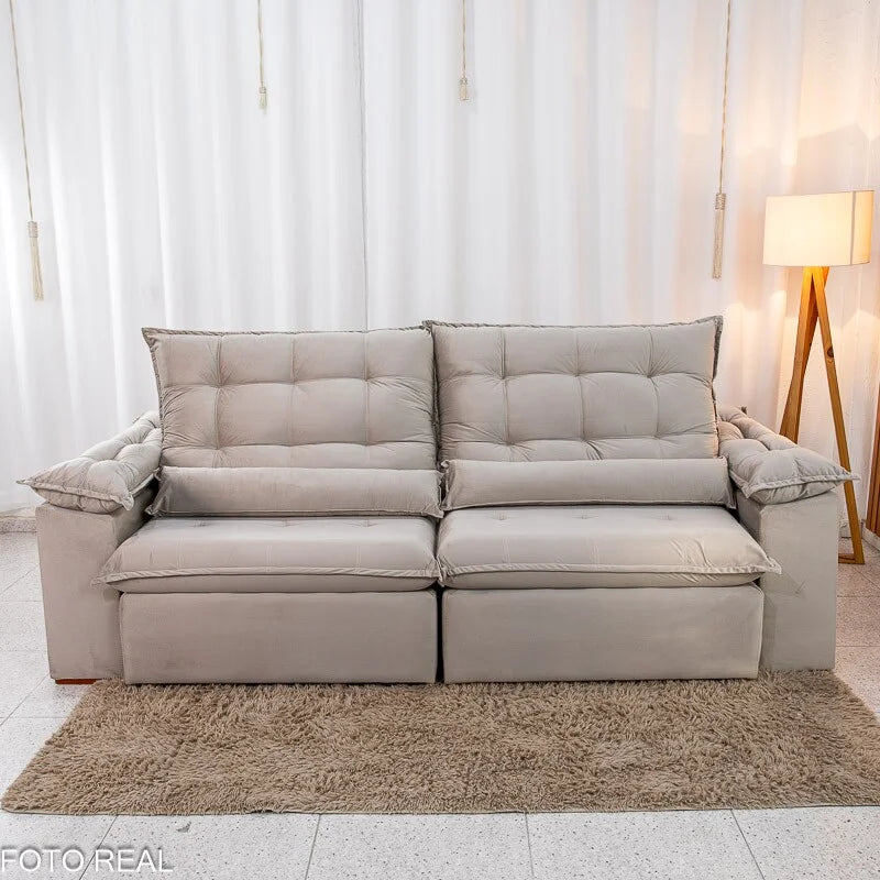 Sofá Retrátil Reclinável Emanuelly 2.50m Veludo Capuccino 02 D28 Soft