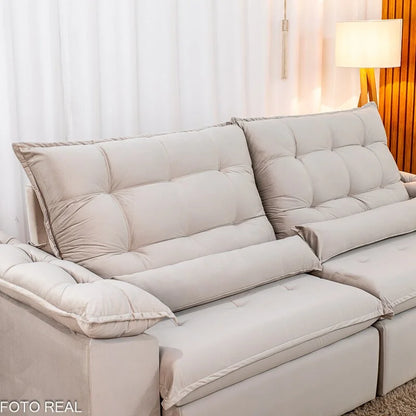 Sofá Retrátil Reclinável Emanuelly 2.50m Veludo Capuccino 02 D28 Soft