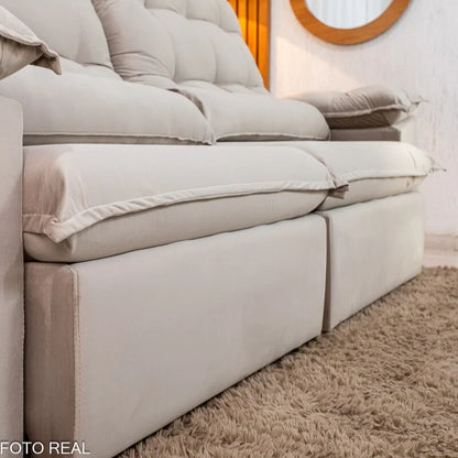 Sofá Retrátil Reclinável Emanuelly 2.50m Veludo Capuccino 02 D28 Soft
