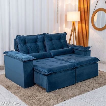 Sofá Retrátil Reclinável Grécia 2.00m Veludo Azul – Sem caixa