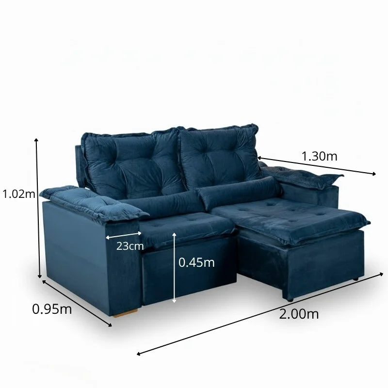 Sofá Retrátil Reclinável Grécia 2.00m Veludo Azul – Sem caixa