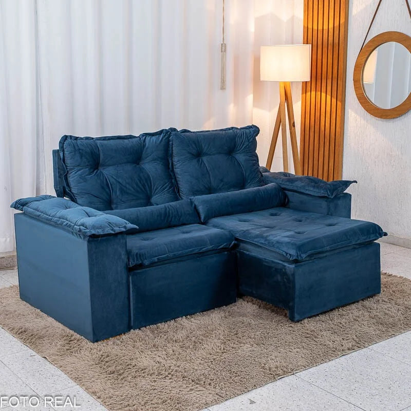 Sofá Retrátil Reclinável Grécia 2.00m Veludo Azul – Sem caixa