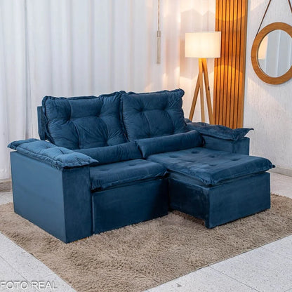 Sofá Retrátil Reclinável Grécia 2.00m Veludo Azul – Sem caixa