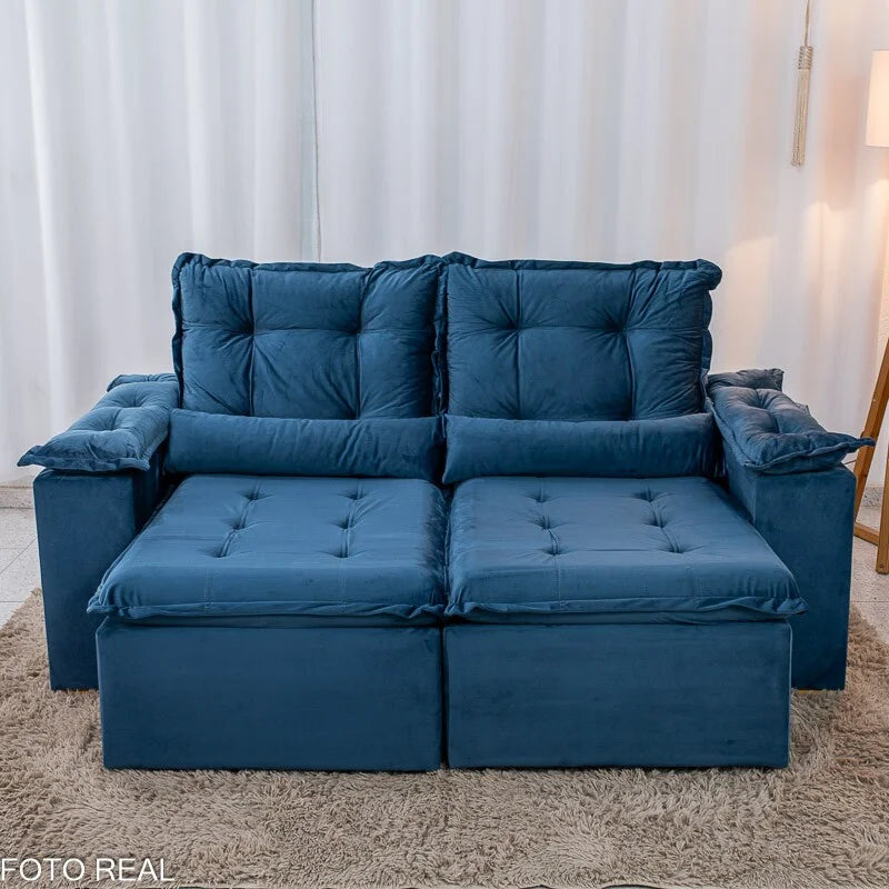 Sofá Retrátil Reclinável Grécia 2.00m Veludo Azul – Sem caixa