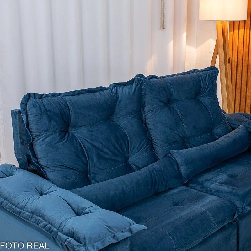 Sofá Retrátil Reclinável Grécia 2.00m Veludo Azul – Sem caixa