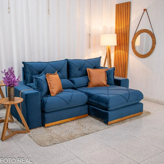 Sofá Retrátil Reclinável Gran Bello 2.50m Veludo Azul 03 – Molas Ensacadas Pocket