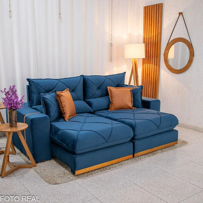 Sofá Retrátil Reclinável Gran Bello 2.50m Veludo Azul 03 – Molas Ensacadas Pocket