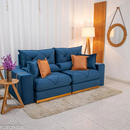 Sofá Retrátil Reclinável Gran Bello 2.50m Veludo Azul 03 – Molas Ensacadas Pocket