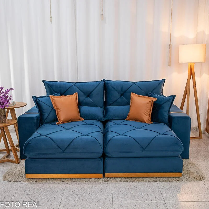Sofá Retrátil Reclinável Gran Bello 2.50m Veludo Azul 03 – Molas Ensacadas Pocket
