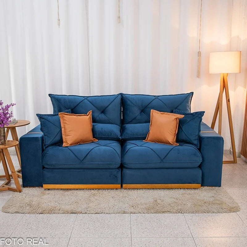 Sofá Retrátil Reclinável Gran Bello 2.50m Veludo Azul 03 – Molas Ensacadas Pocket