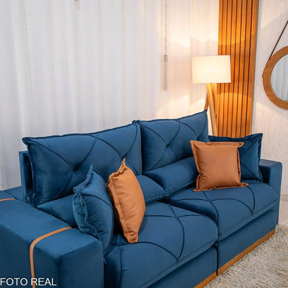Sofá Retrátil Reclinável Gran Bello 2.50m Veludo Azul 03 – Molas Ensacadas Pocket