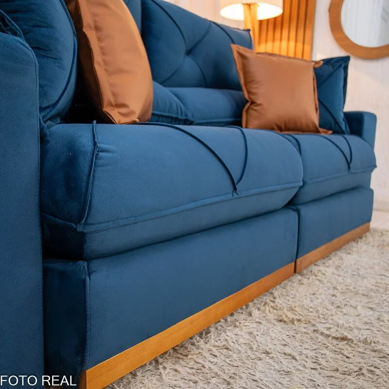 Sofá Retrátil Reclinável Gran Bello 2.50m Veludo Azul 03 – Molas Ensacadas Pocket