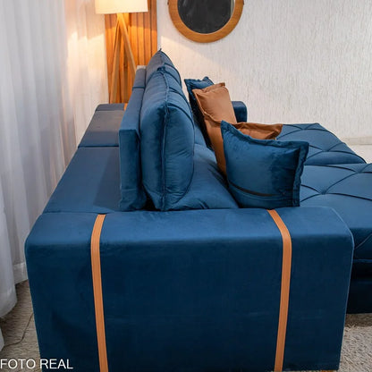Sofá Retrátil Reclinável Gran Bello 2.50m Veludo Azul 03 – Molas Ensacadas Pocket