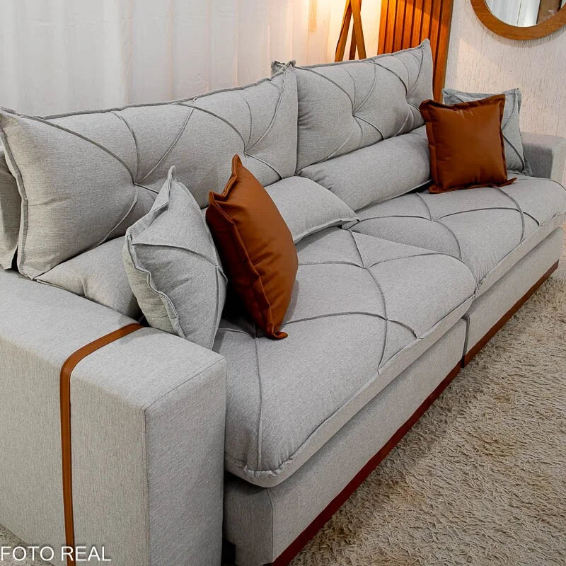 Sofá Retrátil Reclinável Gran Bello 2.90m Linho Cinza 31 – Molas Ensacadas