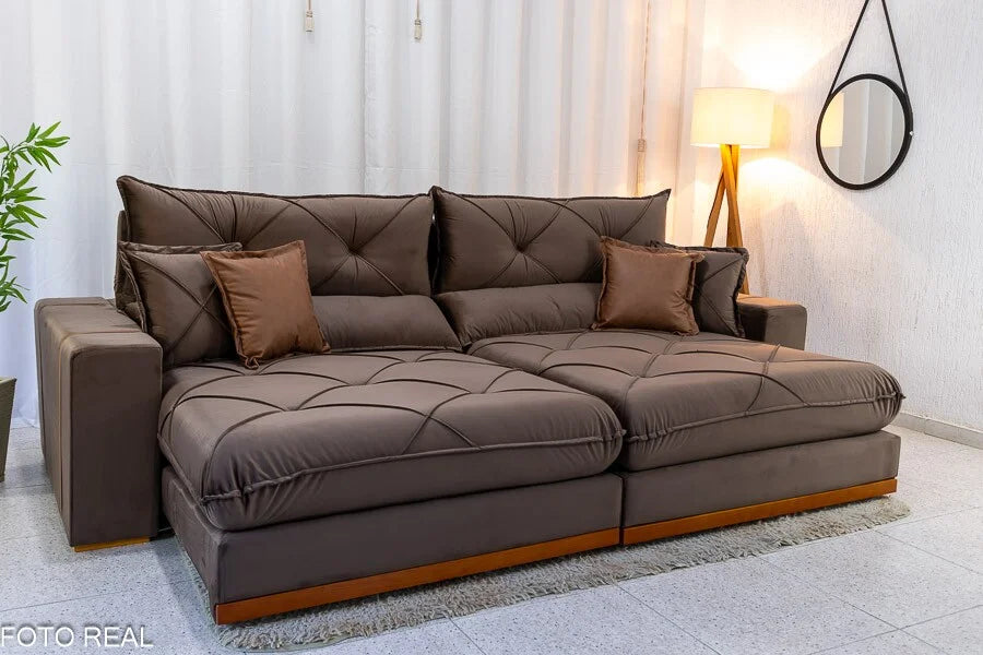 Sofá Retrátil Reclinável Gran Bello 2.90m Veludo Marrom – Molas Ensacadas