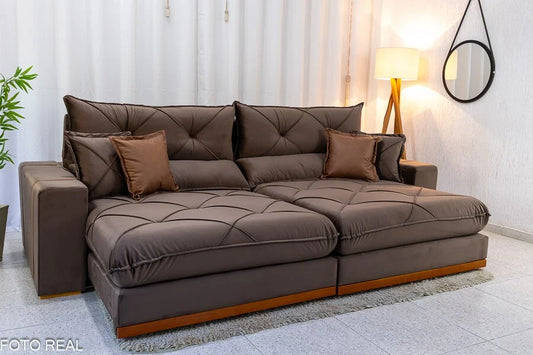 Sofá Retrátil Reclinável Gran Bello 2.90m Veludo Marrom – Molas Ensacadas