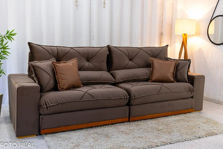 Sofá Retrátil Reclinável Gran Bello 2.90m Veludo Marrom – Molas Ensacadas