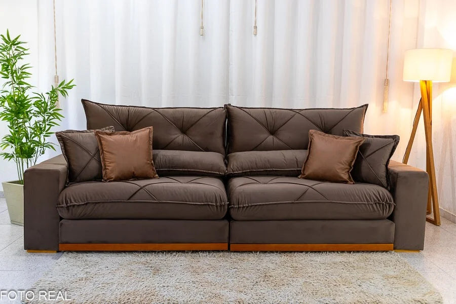 Sofá Retrátil Reclinável Gran Bello 2.90m Veludo Marrom – Molas Ensacadas