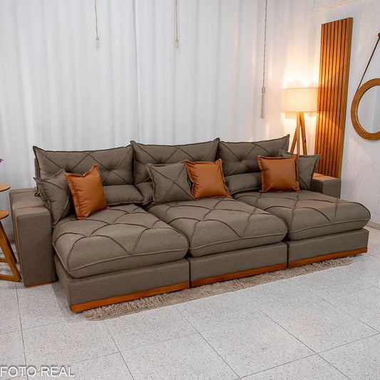 Sofá Retrátil Reclinável Gran Bello 3.20m Linho Marrom 28 – Molas Ensacadas