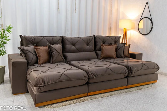Sofá Retrátil Reclinável Gran Bello 3.20m Veludo Marrom – Molas Ensacadas