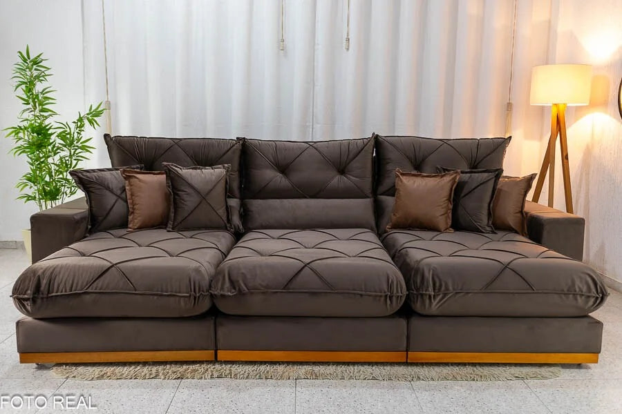 Sofá Retrátil Reclinável Gran Bello 3.20m Veludo Marrom – Molas Ensacadas