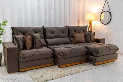 Sofá Retrátil Reclinável Gran Bello 3.20m Veludo Marrom – Molas Ensacadas
