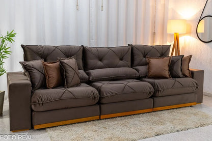 Sofá Retrátil Reclinável Gran Bello 3.20m Veludo Marrom – Molas Ensacadas