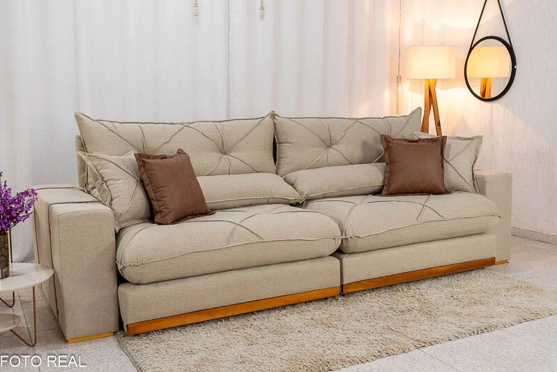 Sofá Retrátil Reclinável Gran Bello 2.90m Linho Bege – Molas Ensacadas