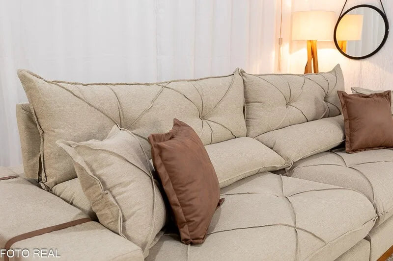 Sofá Retrátil Reclinável Gran Bello 2.90m Linho Bege – Molas Ensacadas
