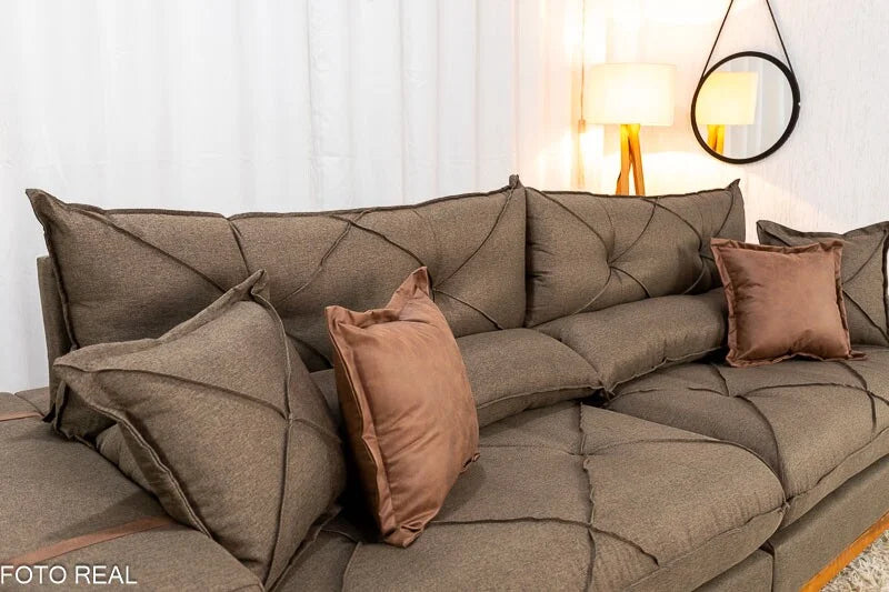 Sofá Retrátil Reclinável Gran Bello 2.90m Linho Marrom – Molas Ensacadas