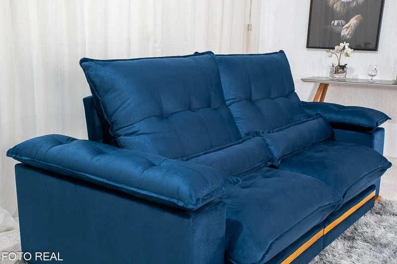 Sofá Retrátil Reclinável Ibis 2.30m Veludo Azul 800 – D33 e Molas Ensacadas
