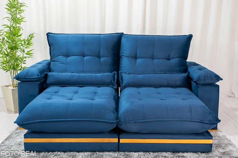 Sofá Retrátil Reclinável Ibis 2.30m Veludo Azul 800 – D33 e Molas Ensacadas