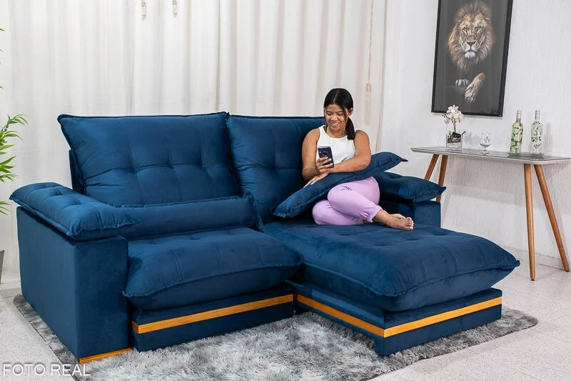 Sofá Retrátil Reclinável Ibis 2.30m Veludo Azul 800 – D33 e Molas Ensacadas