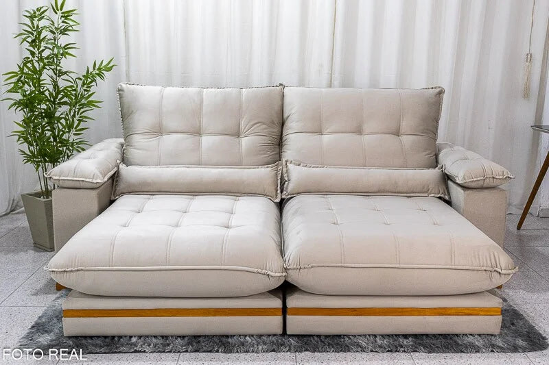 Sofá Retrátil Reclinável Ibis 2.30m Veludo Bege 818 – D33 e Molas Ensacadas