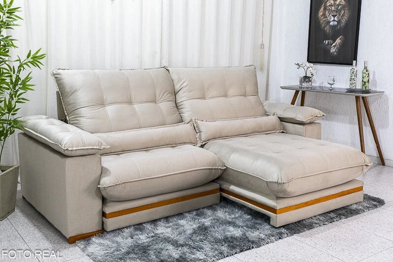 Sofá Retrátil Reclinável Ibis 2.30m Veludo Bege 818 – D33 e Molas Ensacadas