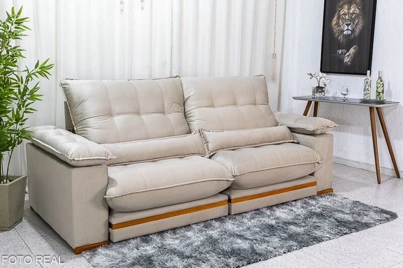 Sofá Retrátil Reclinável Ibis 2.30m Veludo Bege 818 – D33 e Molas Ensacadas