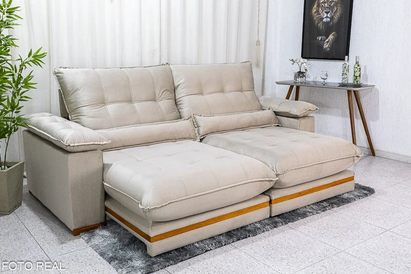Sofá Retrátil Reclinável Ibis 2.30m Veludo Bege 818 – D33 e Molas Ensacadas