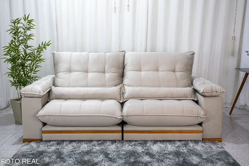 Sofá Retrátil Reclinável Ibis 2.30m Veludo Bege 818 – D33 e Molas Ensacadas