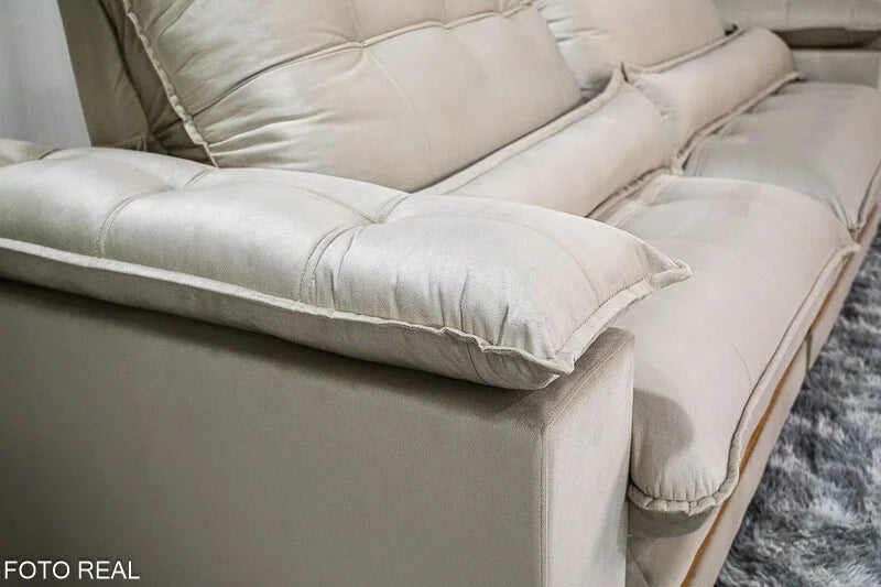 Sofá Retrátil Reclinável Ibis 2.30m Veludo Bege 818 – D33 e Molas Ensacadas