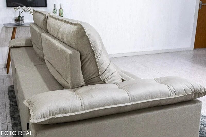 Sofá Retrátil Reclinável Ibis 2.30m Veludo Bege 818 – D33 e Molas Ensacadas